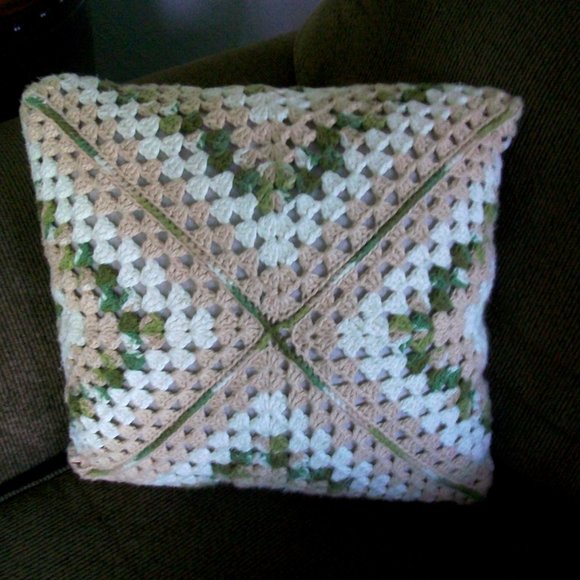 Crochet Granny Square Decorative Throw Pillow Cream Green Beige - Picture 2 of 5